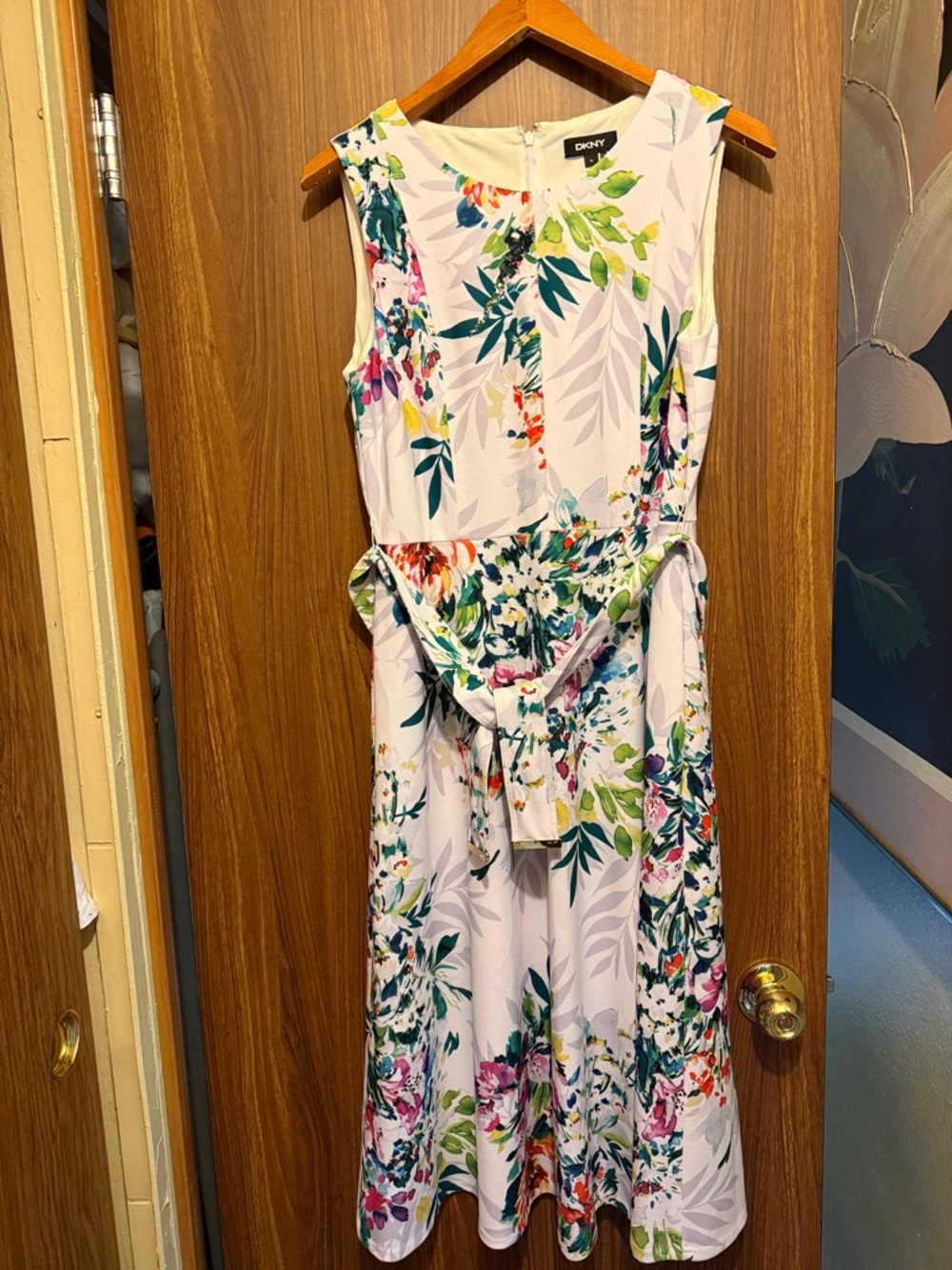 DKNY White Floral Tie-Waist Midi Dress